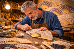 Artisan d’art fabriquant un éventail à la main dans son atelier
