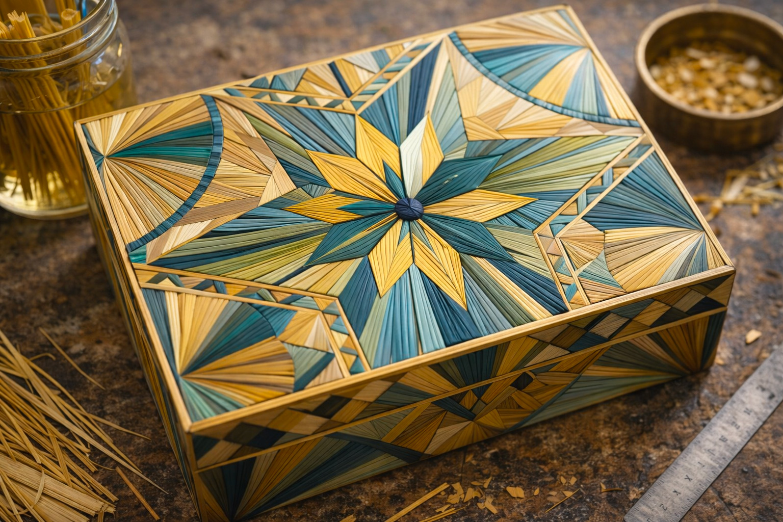 Boîte décorative en marqueterie de paille réalisée à la main, métier d’art